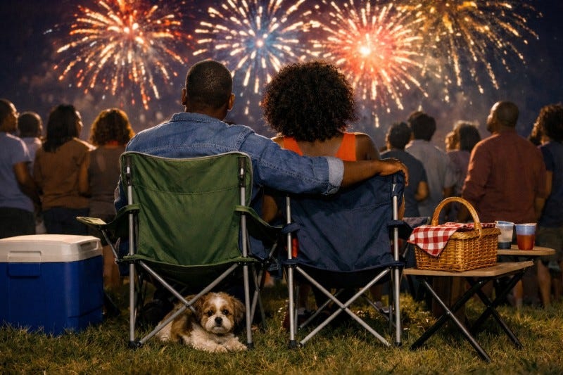 Black couple sits in lawn chairs with a large group enjoying fireworks while a dog hides under a lawn chair.
