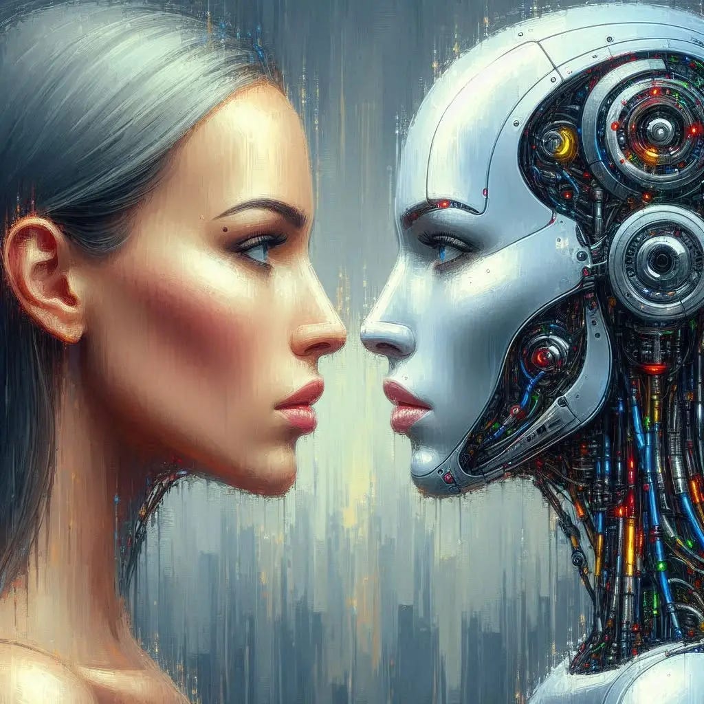 An attractive woman is face to face with a male cyborg that aside from being male is the precise mirror of herself. Slight impressionist style.