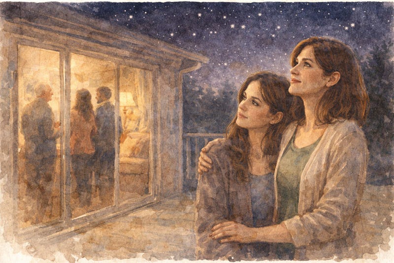 Two women quietly observing the night sky, reflecting sensitivity and deeper emotional awareness. Two women quietly observing the night sky, reflecting sensitivity and deeper emotional awareness.