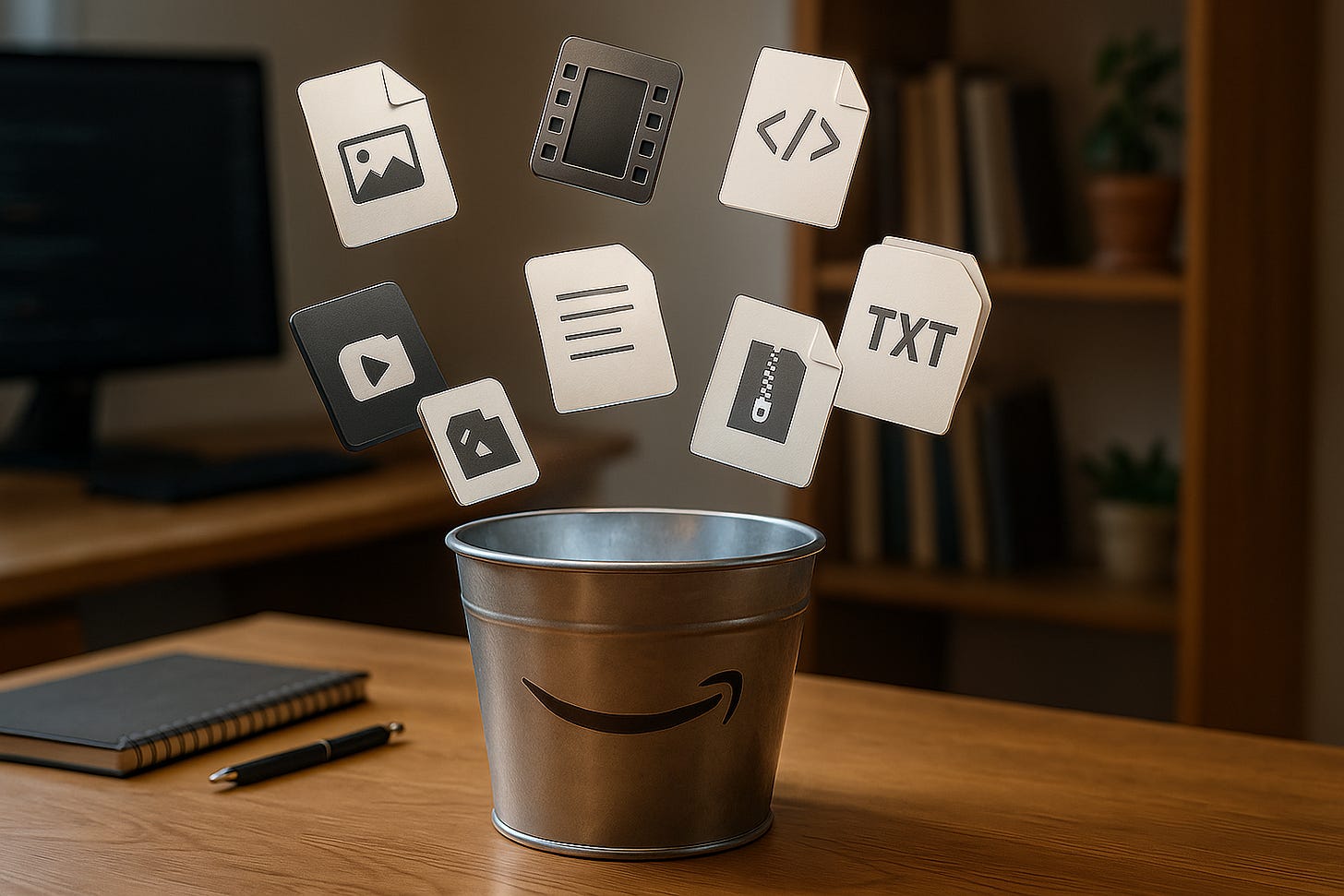 Amazon S3 bucket on a wooden desk with floating file icons representing images, videos, code, documents, and ZIP archives in a home office environment.