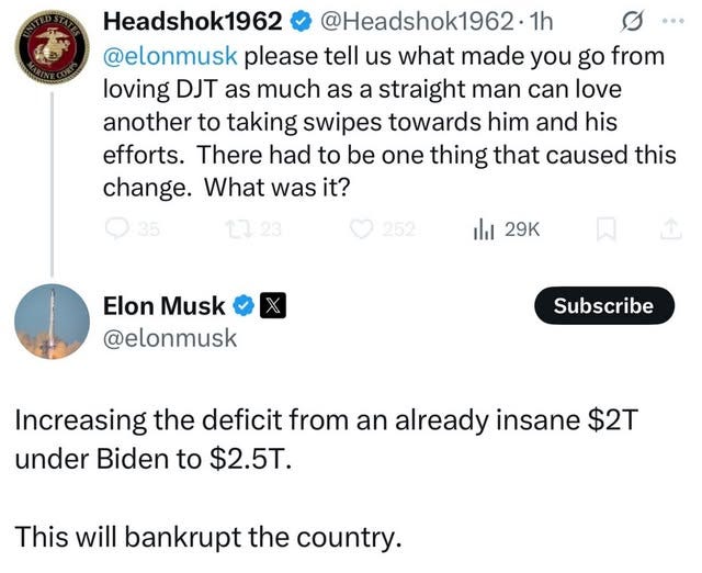 May be an image of text that says "·… Headshok1962 @Headshok1962 1h @elonmusk please tell us what made you go from loving DJT as much as a straight man can love another to taking swipes towards him and his efforts. There had to be one thing that caused this change. What was it? 35 L2 23 252 ilil 29K Elon Musk @elonmusk Subscribe Increasing the deficit from an already insane $2T under Biden to $2.5T. This will bankrupt the country."