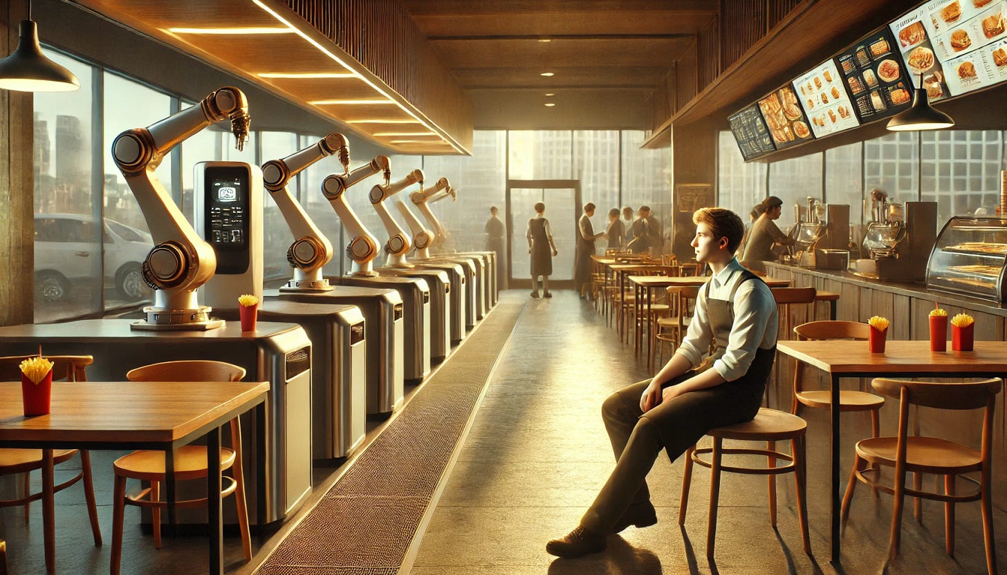 A semi-futuristic restaurant scene where robotic machines serve food to customers. The setting looks like a traditional fast-food restaurant with tables, chairs, and a visible counter area, but robotic arms and automated kiosks dominate the service. In the foreground, a young man in his early 20s, dressed in a simple uniform, leans against the counter, observing the machines with a tired and detached expression. The lighting is warm but slightly dim, emphasizing the mix of normality and automation. Customers appear indifferent, interacting only with the machines.