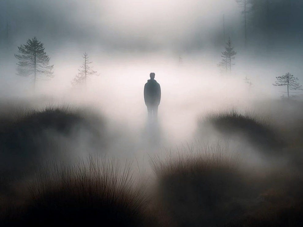 A solitary figure standing in a foggy landscape with soft light in the distance.