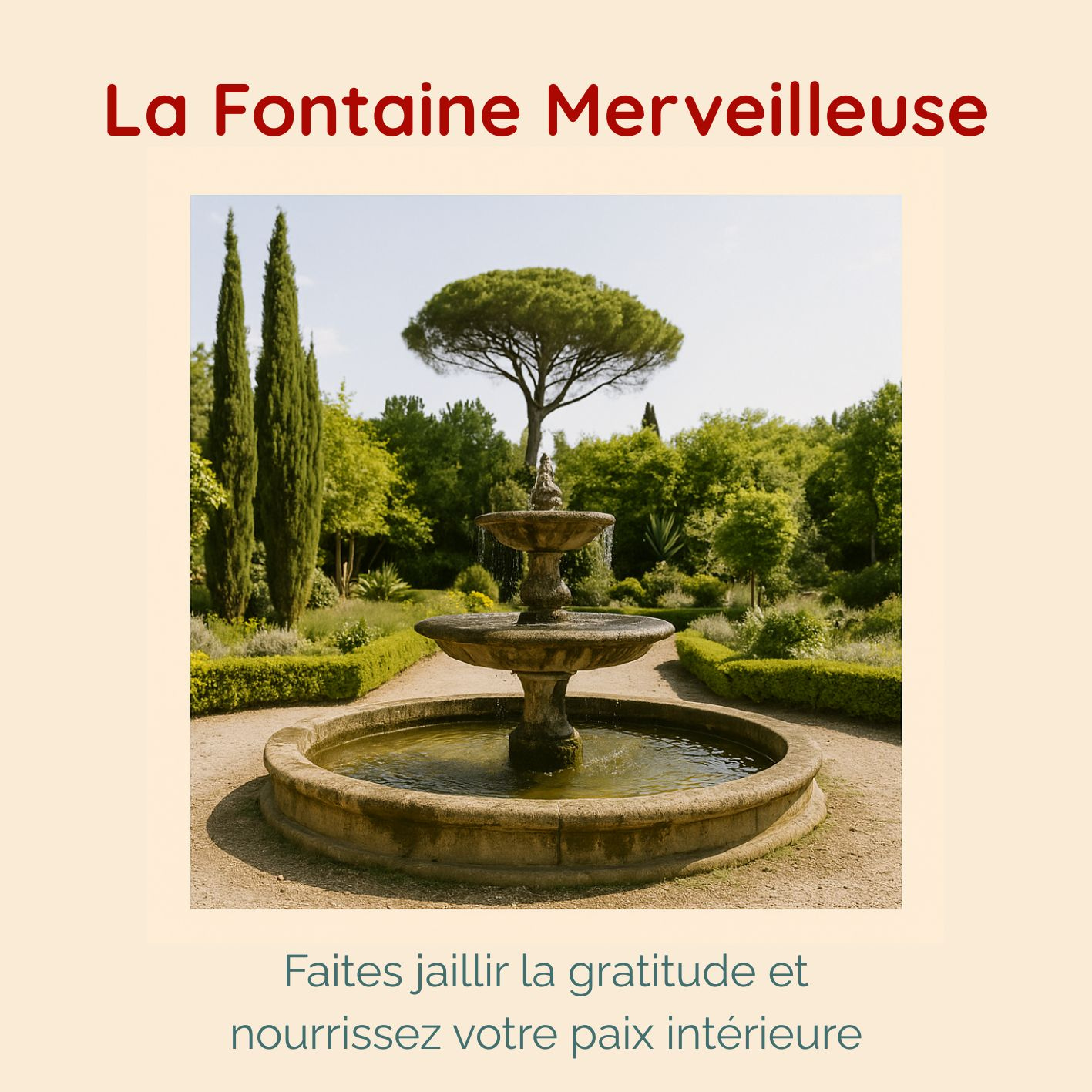 Sous la lumière dorée, une fontaine murmure au cœur d’un jardin paisible — invitation à la gratitude, à la douceur et à la méditation. Le texte dit "La fontaine merveilleuse", et "faites jaillir la gratitude et nourrissez votre paix intérieure"