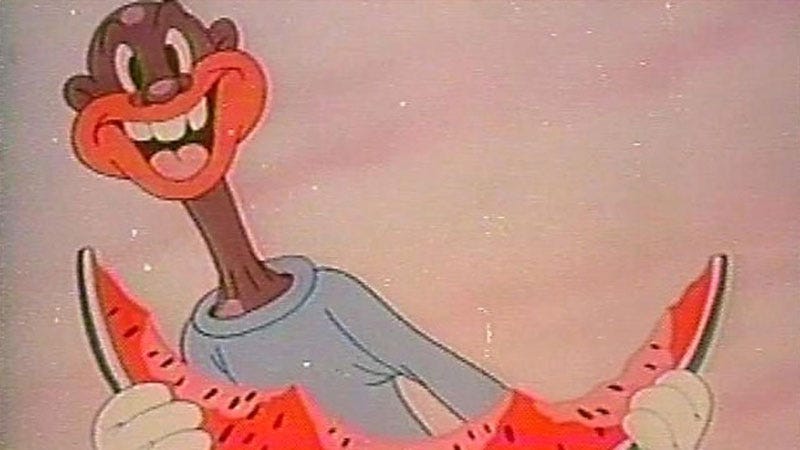 Recapitulemos: Grandes lábios vermelhos retratados de maneira exagerada e caricata, nariz chato e exagerado, comportamento travesso e um tanto irresponsável... (Frame do desenho animado Scrub me mama with a boogie beat, domínio público, retirado de https://mubi.com/de/films/scrub-me-mama-with-a-boogie-beat)