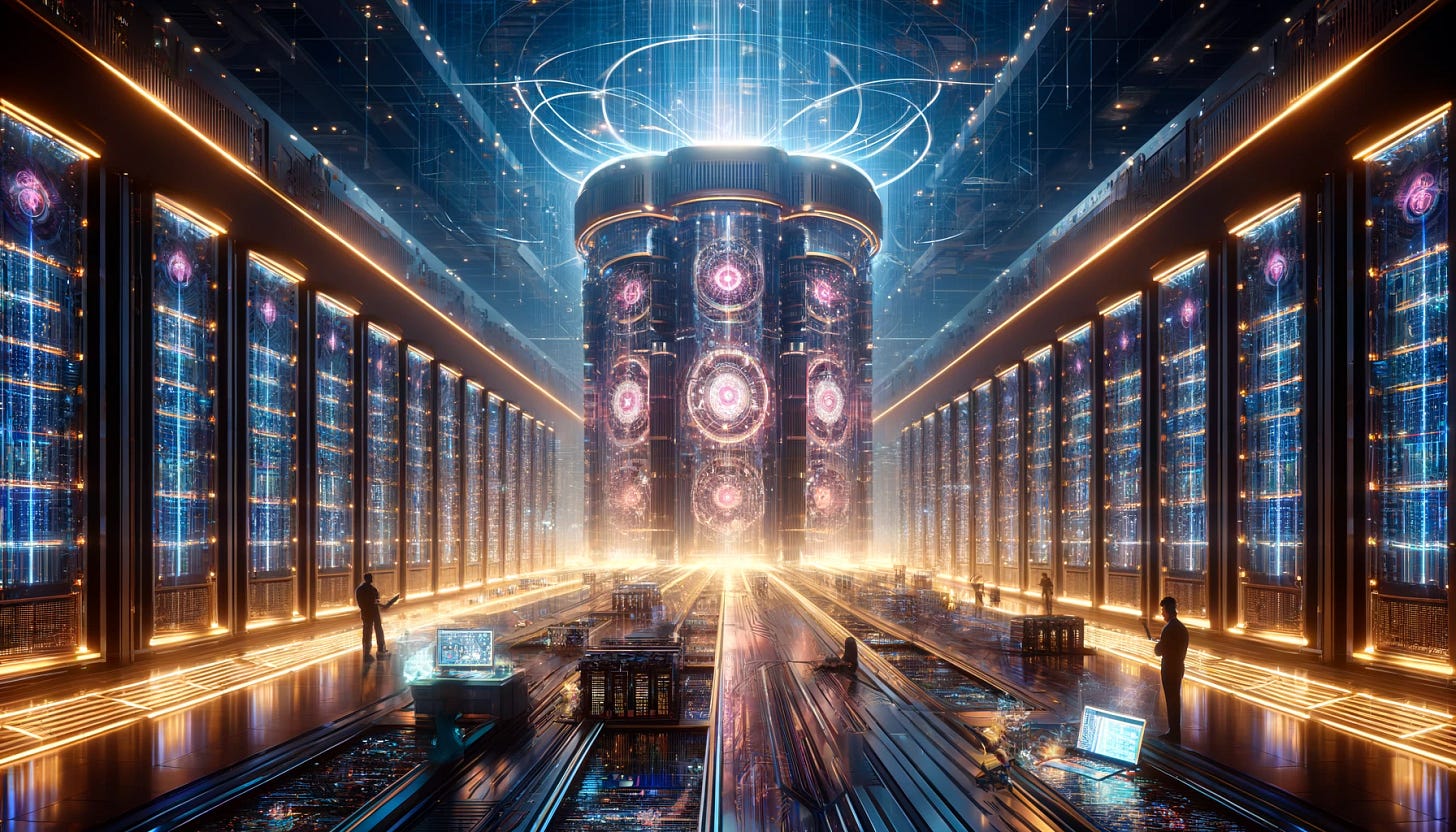 Create an image that visually captures the essence of a groundbreaking collaboration between two technology giants, Microsoft and OpenAI, as they embark on an ambitious project to construct a $100 billion supercomputer named Stargate. The image should feature a futuristic data center with advanced, towering server racks illuminated by neon lights, signifying immense computing power. In the background, integrate elements that symbolize the partnership between these companies, such as their logos subtly merged into the architecture or displayed on screens. The scene should be energized with dynamic lighting to reflect the power and potential of the supercomputer. Additionally, incorporate visual cues to the project's challenges and scale, like engineers working on a giant, complex circuit board or digital displays showing AI algorithms at work. The overall atmosphere should convey a sense of advanced technology and strategic collaboration aimed at pushing the boundaries of artificial intelligence, without directly depicting any individuals or identifiable proprietary technology.