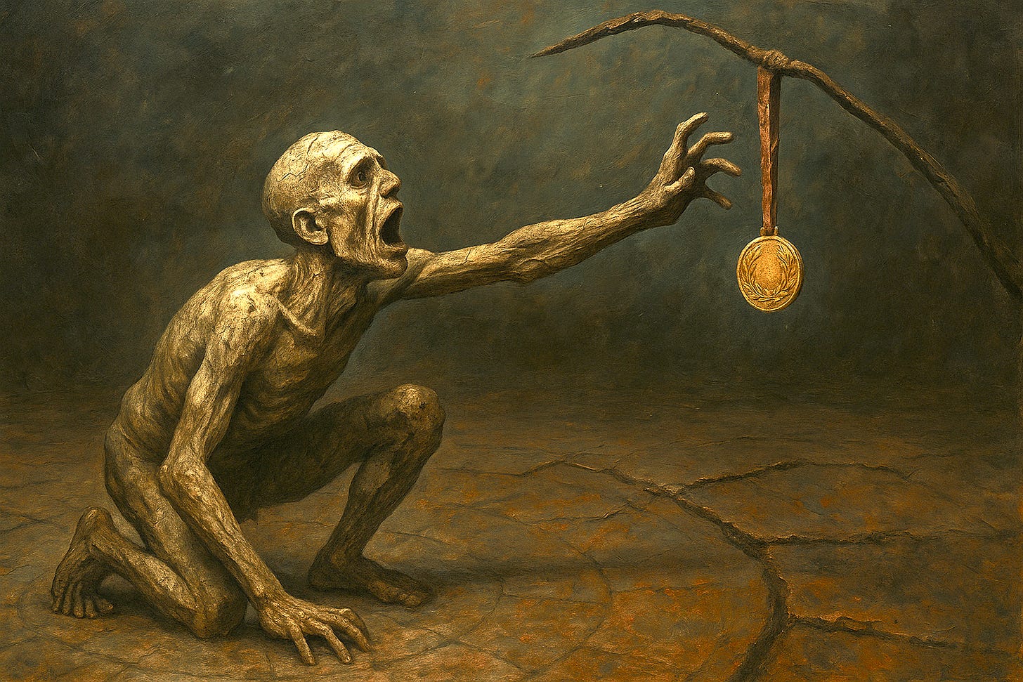 suffering man trying to reach a medal that hangs down a whip, Tim Wiesnerer Artwork suffering man trying to reach a medal that hangs down a whip, Tim Wiesnerer Artwork