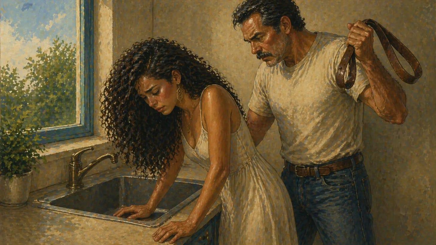Painting of a man raising a belt toward a young woman — Mexican-American literary fiction