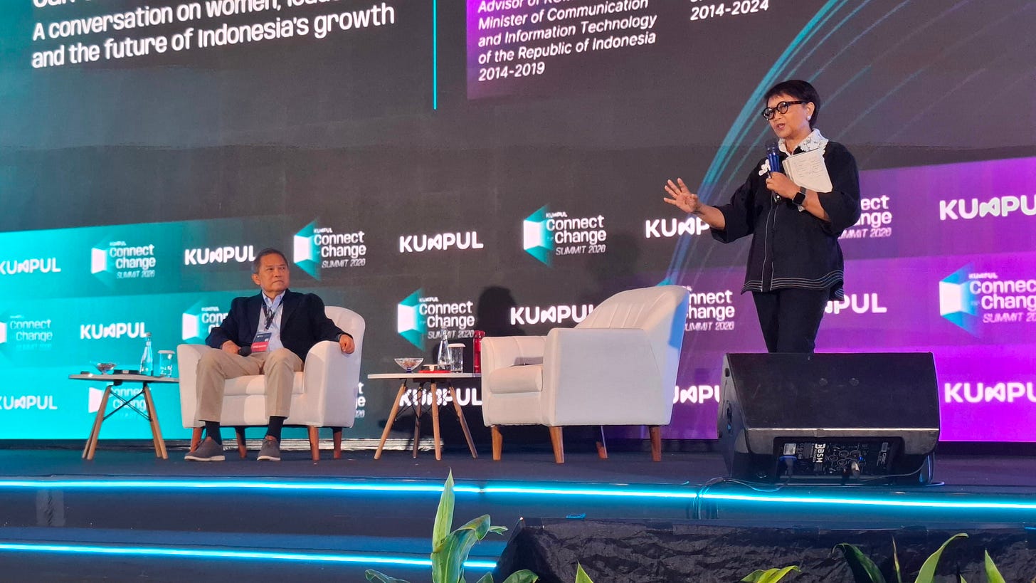 Indonesia’s former Foreign Affairs Minister Retno Marsudi delivers her remarks, titled “Can the World Still Trust Us?”, during the 2026 KUMPUL Connect for Change (C4C) event on Tuesday (20/10) in Jakarta. 