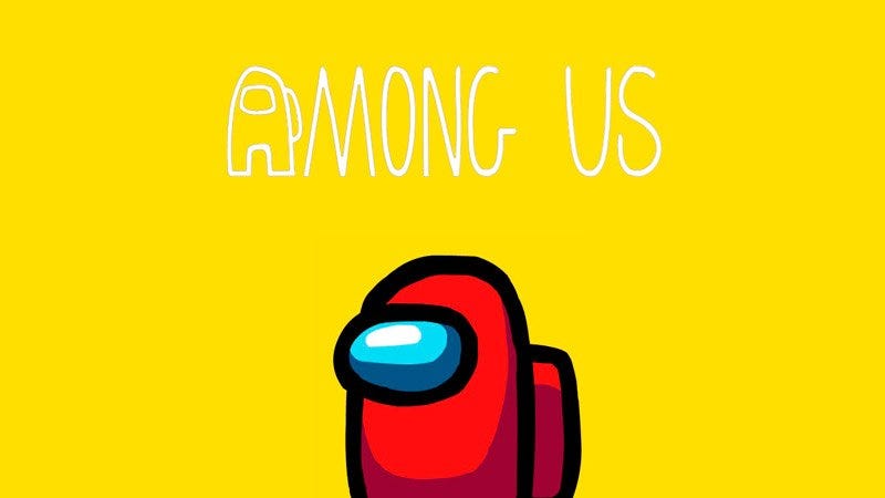 personagem de among us e logo do game em fundo amarelo