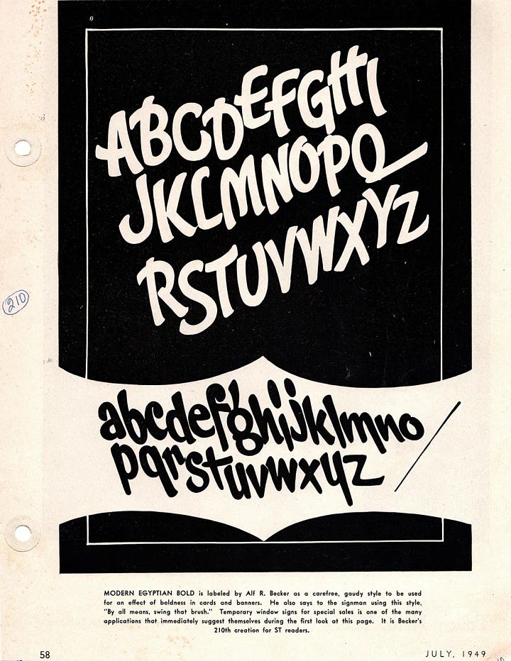 Scanned page from Signs of the Times, July 1949 — Alf R. Becker's Alphabet No. 210, Modern Egyptian Bold, a bold brush-lettered uppercase and lowercase with loose, swinging strokes and rounded forms, printed white on black.