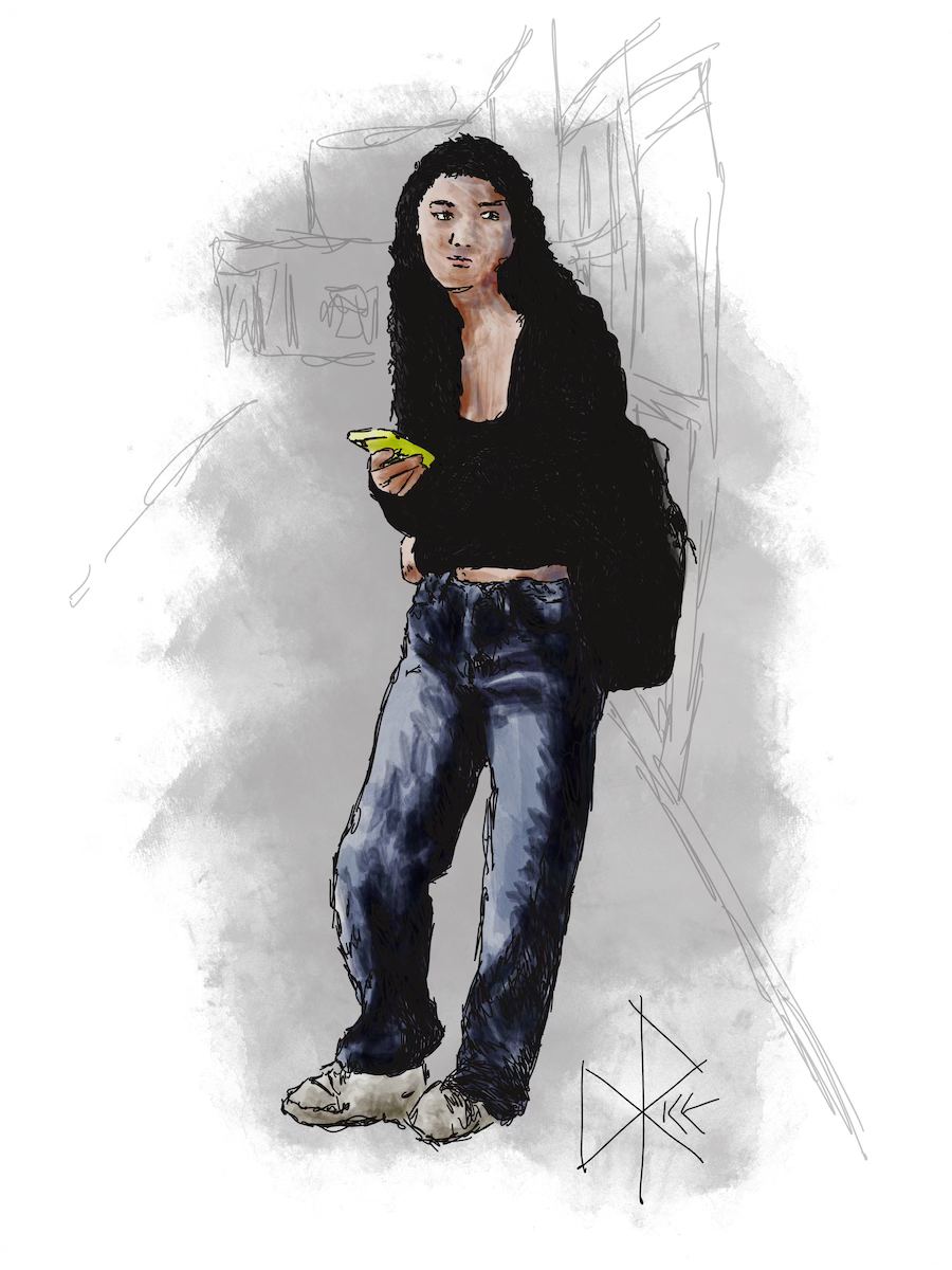 A teen briefly pauses her walk to look around, one hand holding her phone and the other on her hip as she wraps that arm around her midriff. Sketch art by Don Rice. A teen briefly pauses her walk to look around, one hand holding her phone and the other on her hip as she wraps that arm around her midriff. Sketch art by Don Rice.