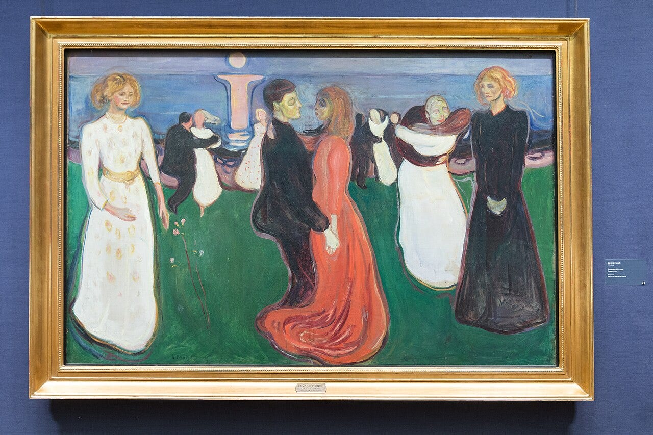 Couples turning by the fjord under a pale moon in Munch's The Dance of Life Couples turning by the fjord under a pale moon in Munch's The Dance of Life