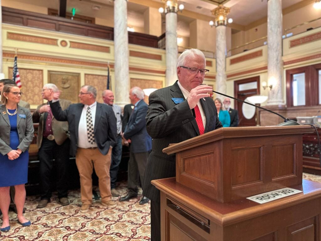 Sen. Mike Lang, R-Malta, prepares to speak to supporters of Senate Bill 442 on Monday, May 1, 2023, just ahead of its final Senate passage. Sen. Mike Lang, R-Malta, prepares to speak to supporters of Senate Bill 442 on Monday, May 1, 2023, just ahead of its final Senate passage.
