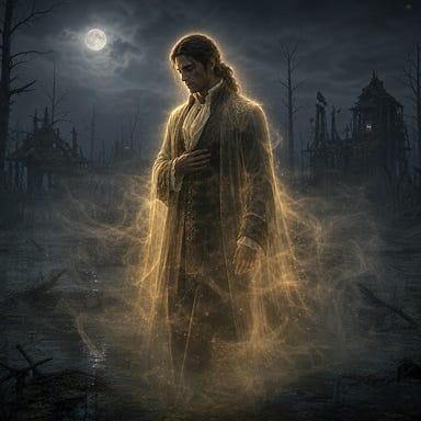 Sergei Von Zarovich’s spirit in Berez, gentle golden glow, noble figure with dark chestnut hair tied back, simple aristocratic garb, mist swirling around him, solemn swamp clearing, ethereal and melancholic presence