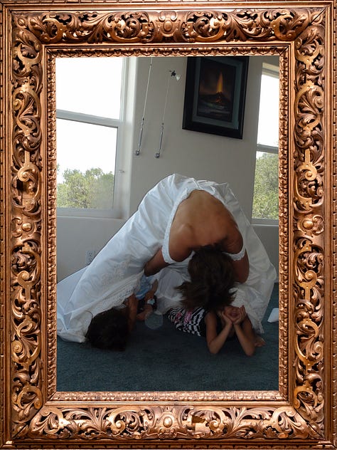Several images of author Rosa Linda Román wearing a white wedding dress with her three kids playing underneath it like a tent.