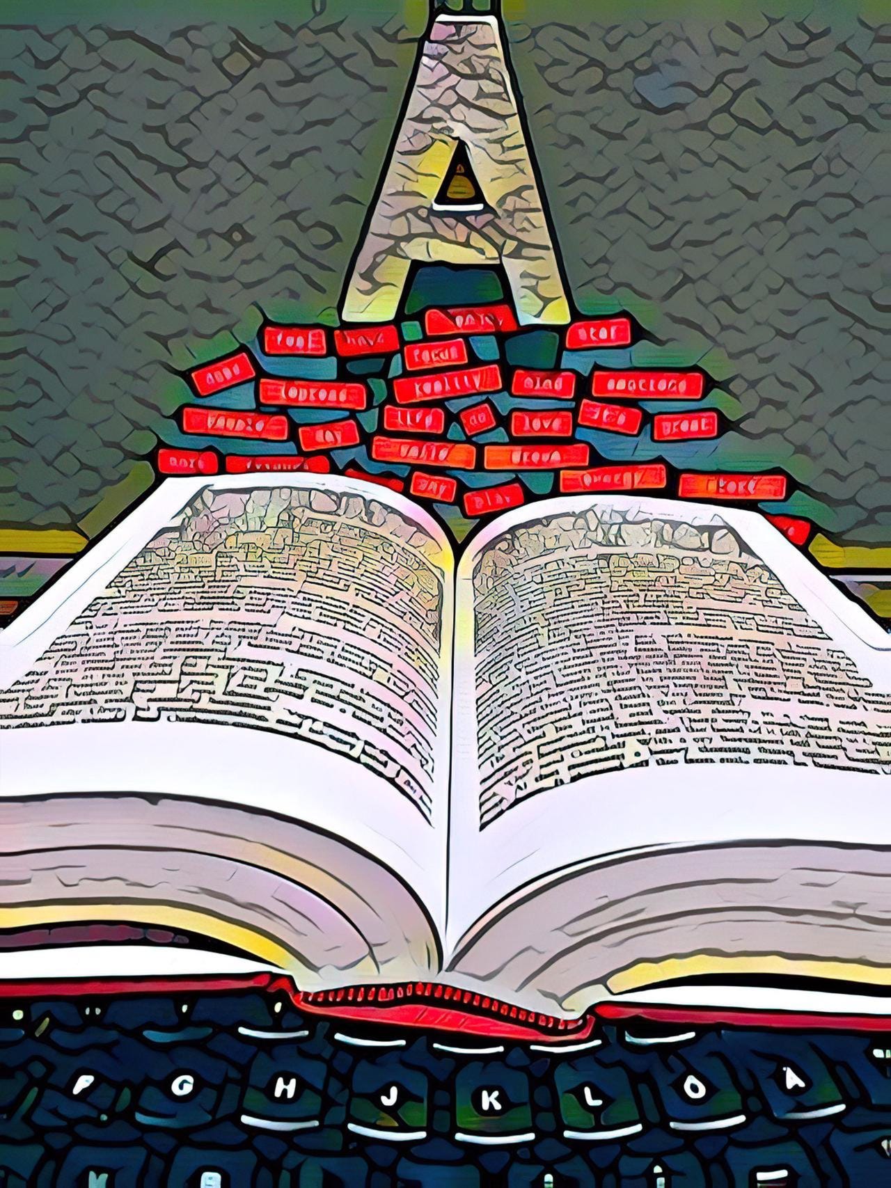 A black keyboard at the bottom of the picture has an open book on it, with red words in labels floating on top, with a letter A balanced on top of them. The perspective makes the composition form a kind of triangle from the keyboard to the capital A. The AI filter makes it look like a messy, with a kind of cartoon style.