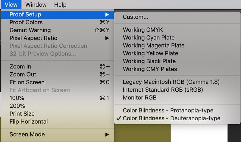 an expanded menu from photoshop software showing the location of colourblindness tools. view>proof setup> color blindness an expanded menu from photoshop software showing the location of colourblindness tools. view>proof setup> color blindness