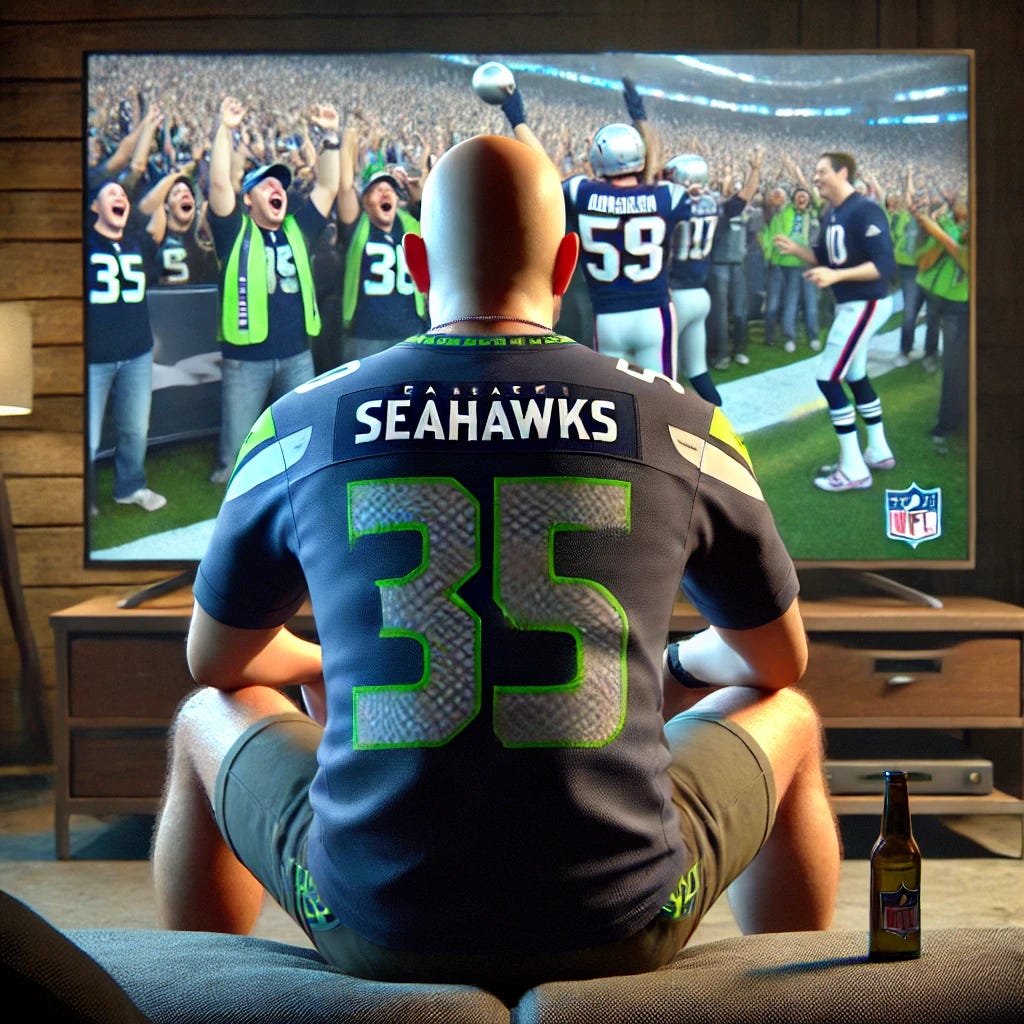 A realistic digital painting of a sad Seattle Seahawks fan viewed from behind. He is 50 years old, bald, fit, and has a goatee. He is wearing a Seahawks-colored jersey in blue and green. He is sitting in a dimly lit living room, watching a TV screen that displays New England Patriots fans celebrating joyfully. His posture is slouched, conveying disappointment. The room has a subtle glow from the television, emphasizing the emotional moment. A detailed and emotional composition.