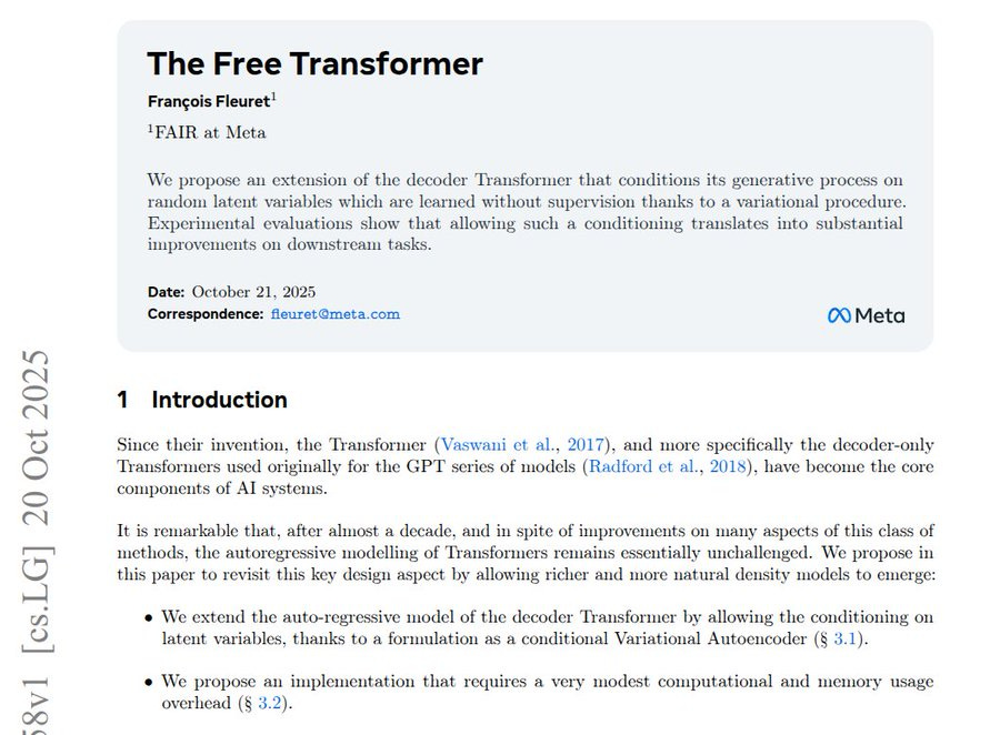 Screenshot of a research paper titled Free Transformer by François Fleuret from FAIR at Meta dated October 21 2025. The document includes sections on introduction discussing autoregressive Transformers and proposing a conditional Variational Autoencoder extension for richer conditioning. It covers components for GPT models decoder reliance and design revisits for substantial improvements on downstream tasks. Correspondence email fleuret@meta.com is listed. Meta logo appears at the top right.