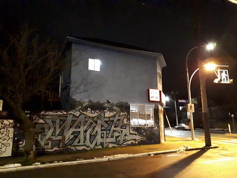 Graffiti on shops, building walls, trucks, underpasses and bus stops.