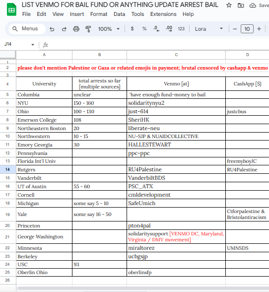 [Emergency] List Arrest Every University; Venmo / CashApp of 69 Encampment Solidarity in United States, Also Pro Bono Lawyer