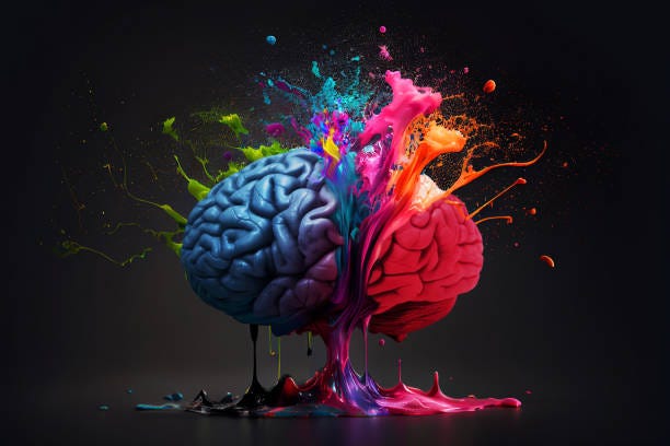 creative art brain explodes with paints with splashes on a black background, concept idea - the brain bildbanksfoton och bilder