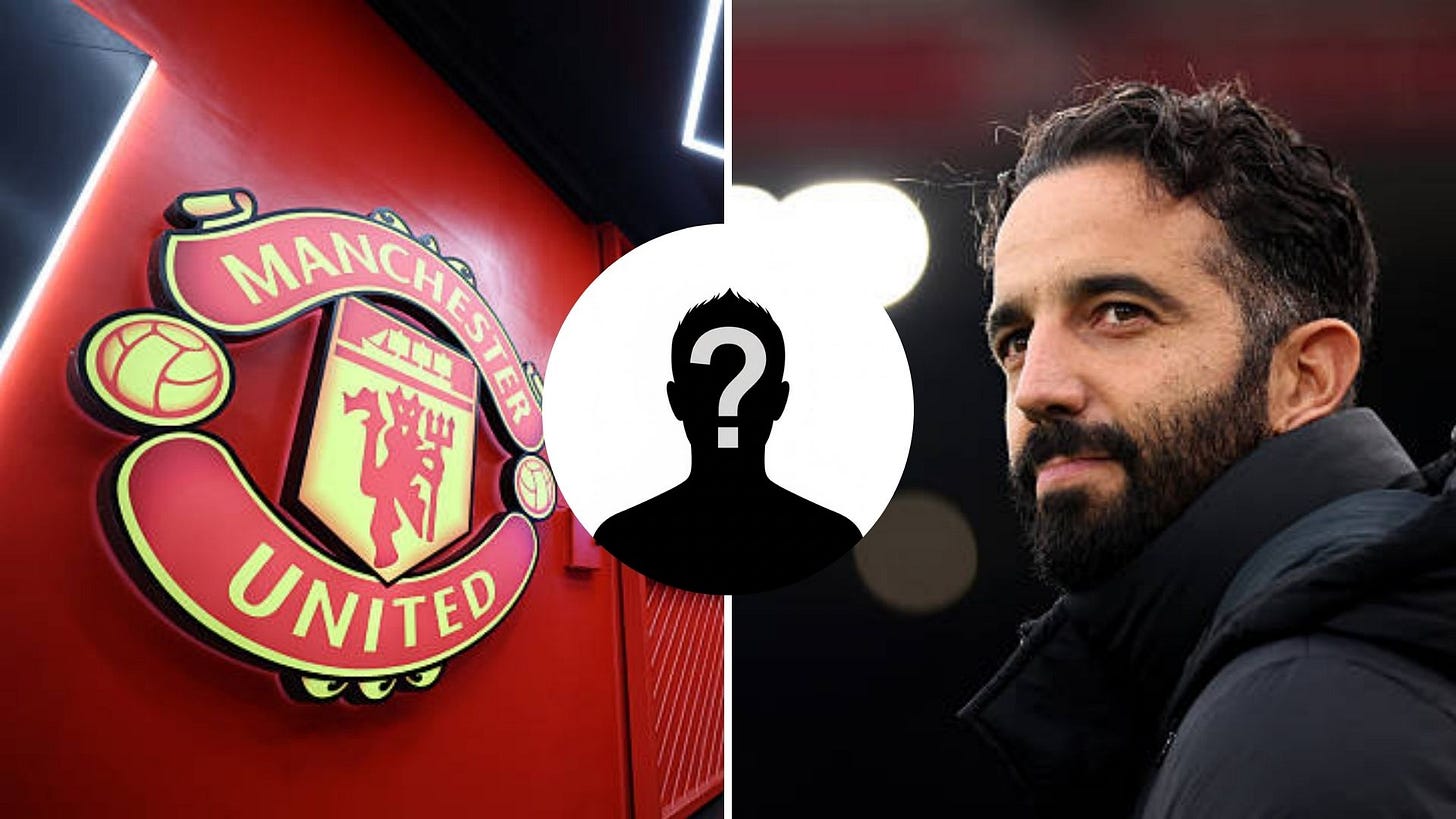 Split image of Manchester United badge and Ruben Amorim with overlay of mystery player