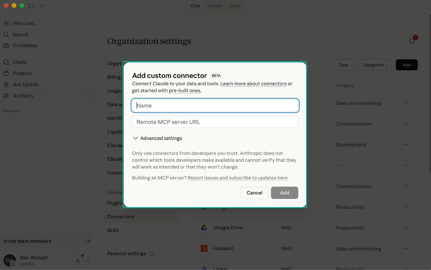 Adding an MCP connector in Claude organization settings Adding an MCP connector in Claude organization settings