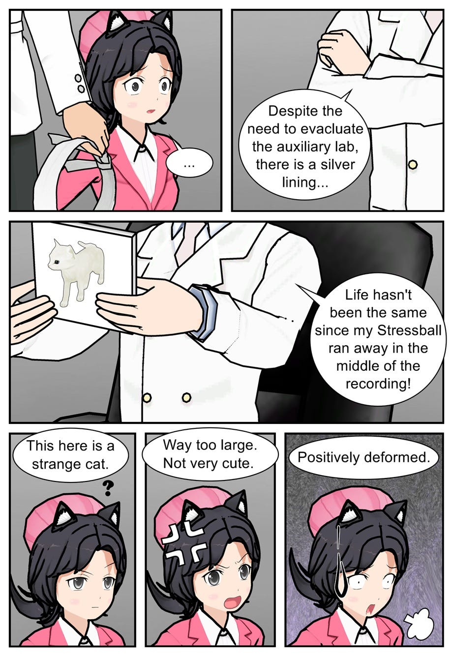 Despite the need to evacuate the auxiliary lab, there is a silver lining. Life hasn't been the same since my Stressball ran away in the middle of the recording! This here is a strange cat. Way too large. Not very cute. Positively deformed.