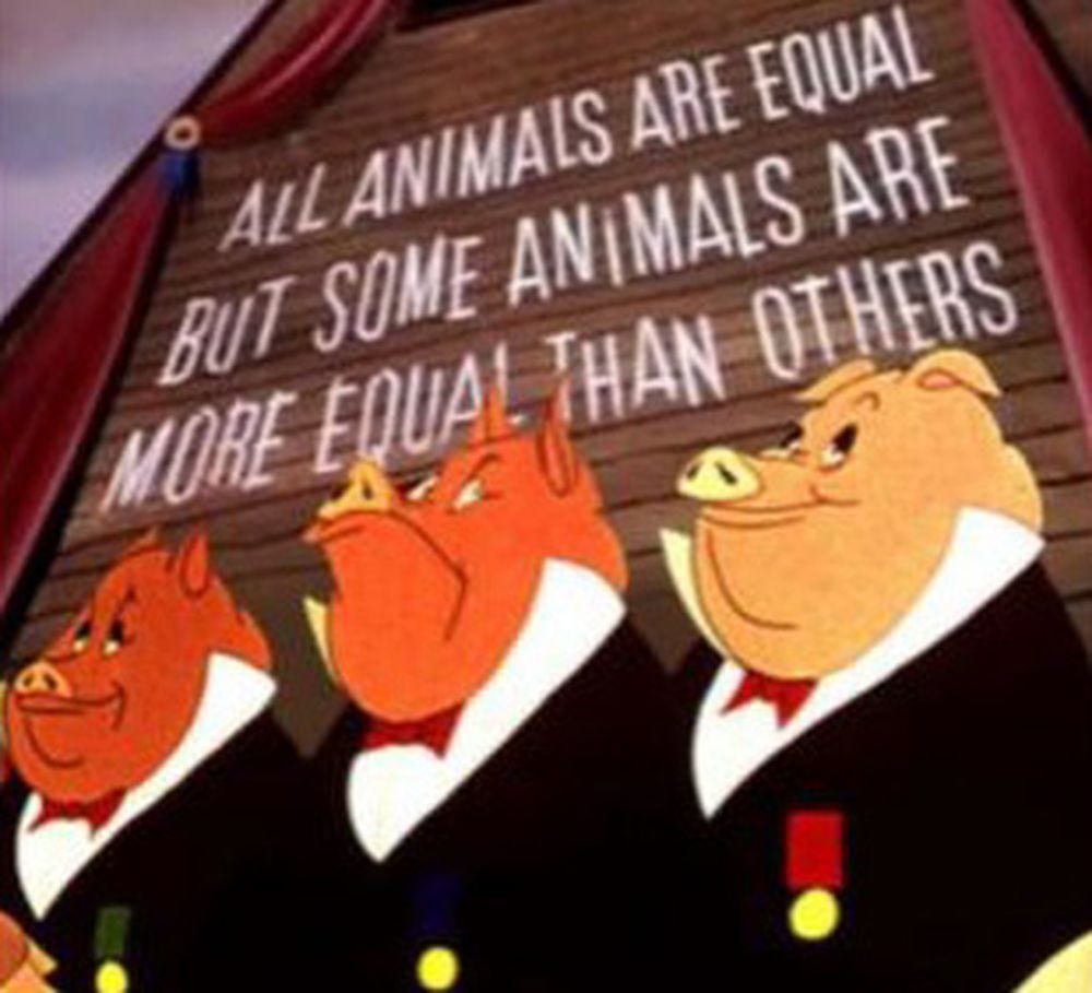 3 pigs dressed tuxedos standing in front of a barn door, painted with the slogan from Orwell's Animal Farm: All Animals Are Equal. But Some Animals Are More Equal Than Others