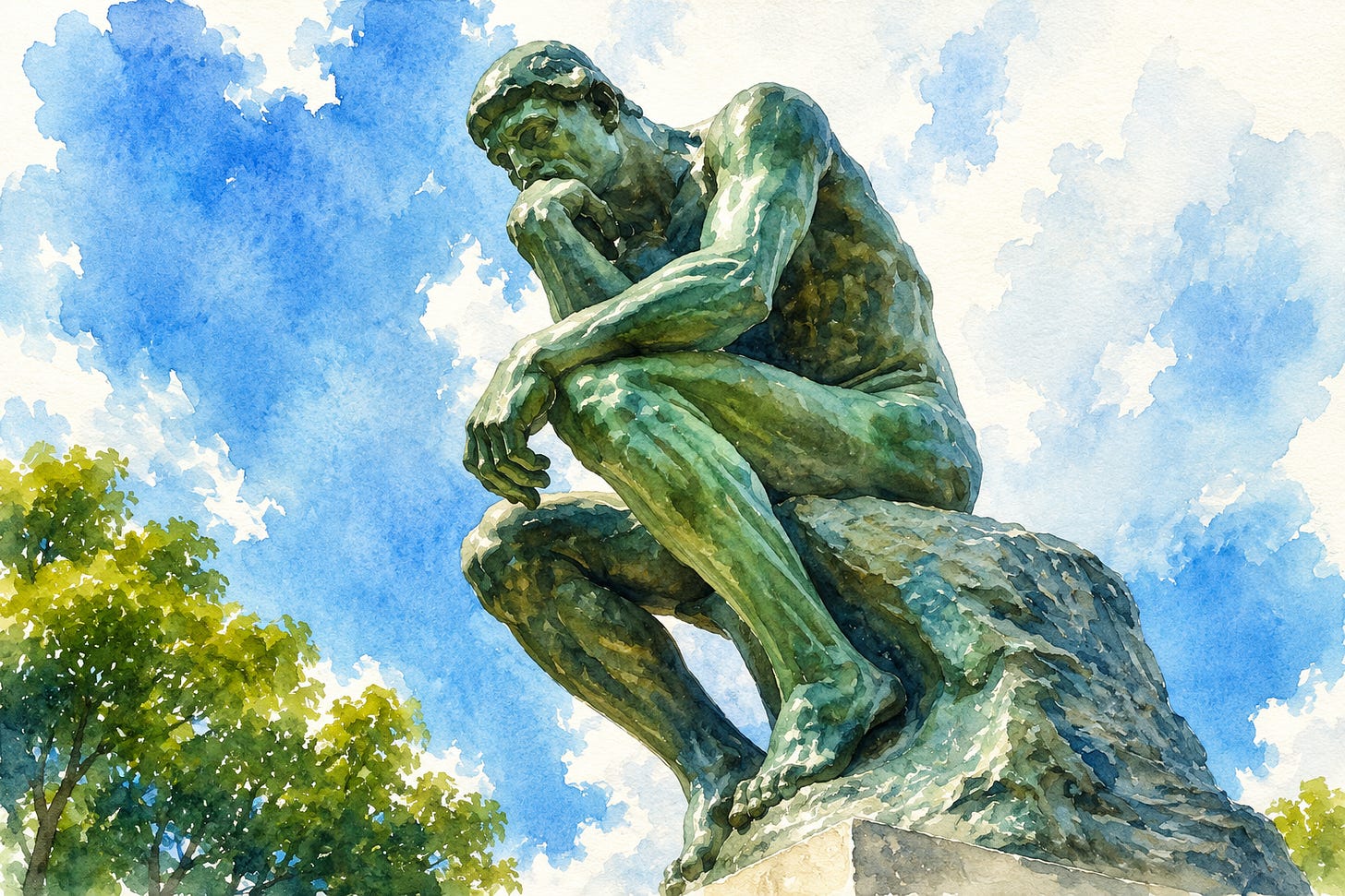 A landscape watercolor illustration of Auguste Rodin's The Thinker, depicting the iconic bronze statue seated on a rugged stone pedestal in a contemplative pose. Soft watercolor washes capture the green patina of the sculpture beneath a bright blue sky with scattered clouds, while lush green trees frame the lower edges, creating a serene and reflective atmosphere.