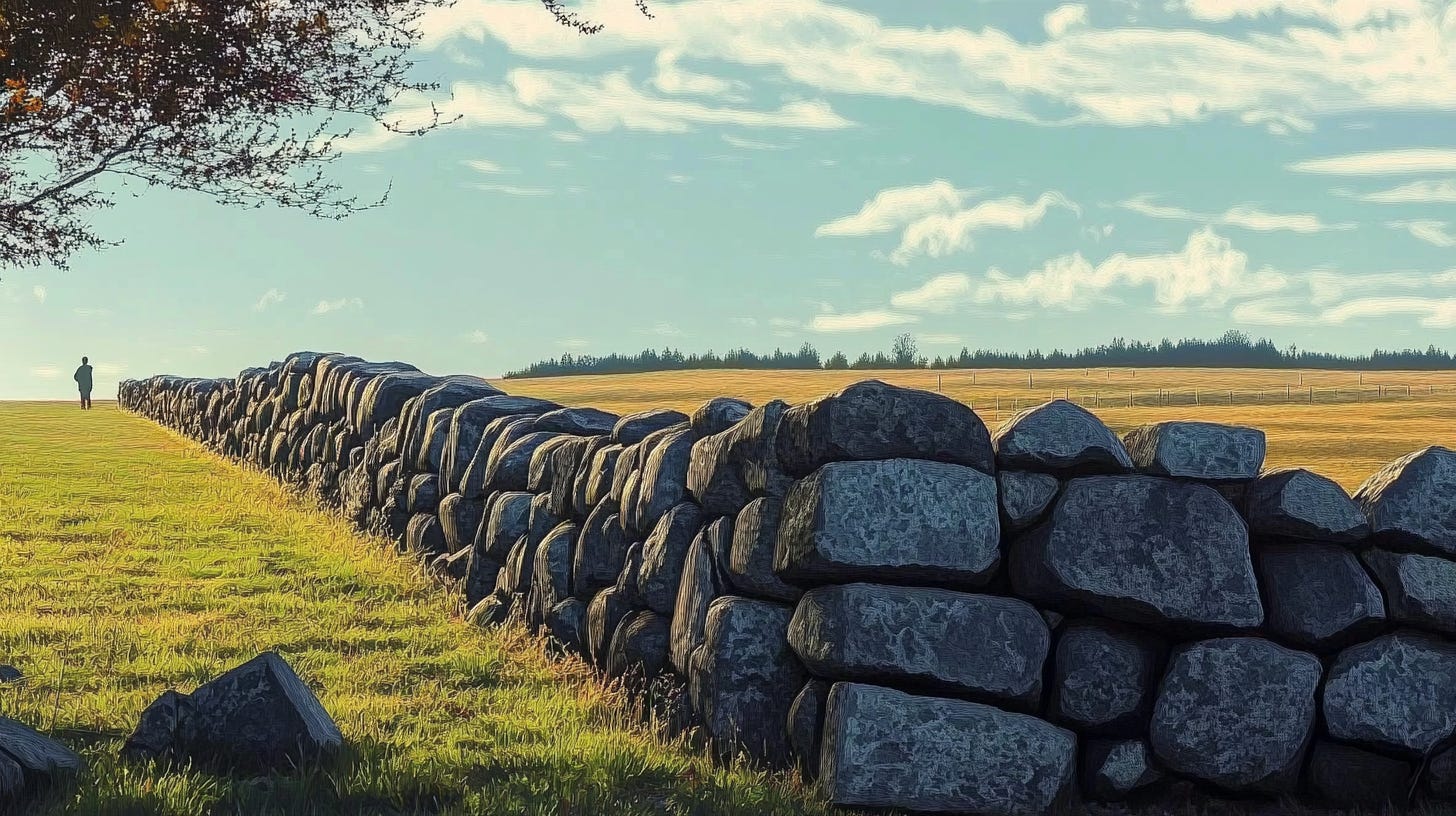 A person standing next to a stone wall on sunny day