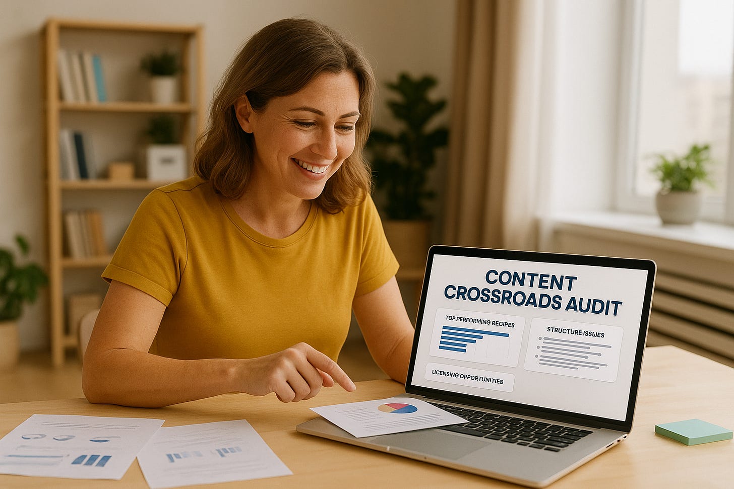 Audrey, a food blogger in her early 40s with shoulder-length hair, smiles while looking at her laptop screen showing “Content Crossroads Audit” results, including top-performing recipes, structure issues, and licensing opportunities. Papers with graphs and charts are spread across the table.