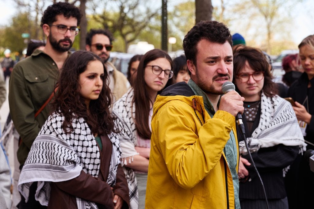  Columbia University Apartheid Divest leader Mahmoud Khalil at a news conference with Jewish Barnard and Columbia students who were detained during a New York Police Department sweep of the “Gaza Solidarity Encampment” on Tuesday, April 23, 2024