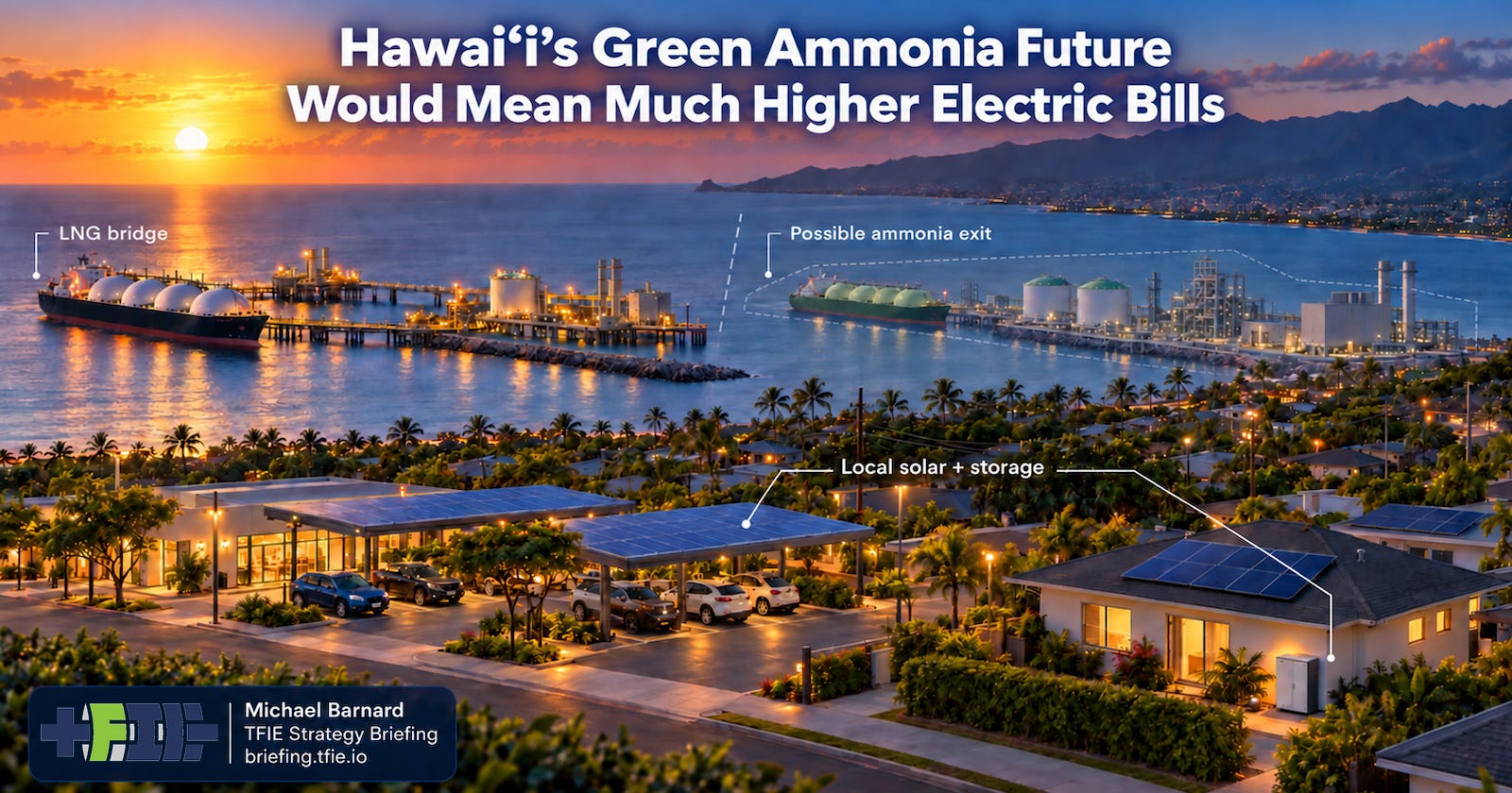 Illustrated Oʻahu coast at dusk. An LNG ship and plant lead to a separate, outlined possible ammonia facility; solar canopies, rooftop panels, and a home battery fill the foreground. Headline: “Hawaiʻi’s Green Ammonia Future Would Mean Much Higher Electric Bills.” Illustrated Oʻahu coast at dusk. An LNG ship and plant lead to a separate, outlined possible ammonia facility; solar canopies, rooftop panels, and a home battery fill the foreground. Headline: “Hawaiʻi’s Green Ammonia Future Would Mean Much Higher Electric Bills.”
