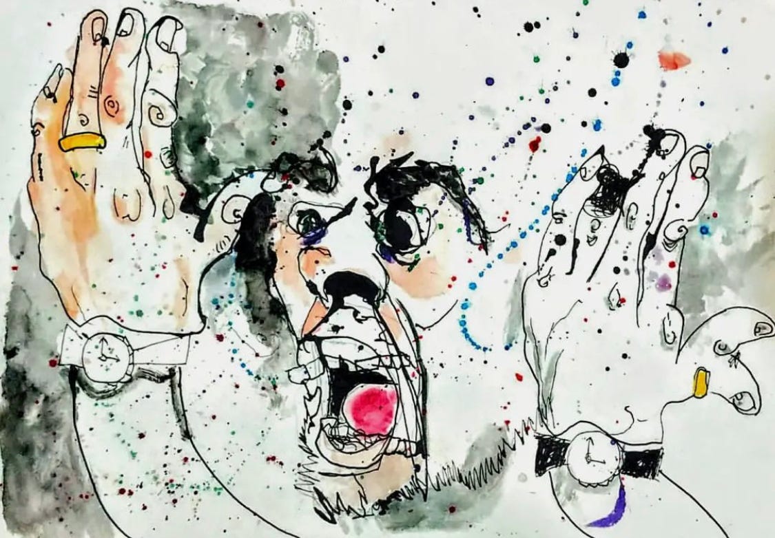 abstract painting of a man screaming with hands in the air abstract painting of a man screaming with hands in the air