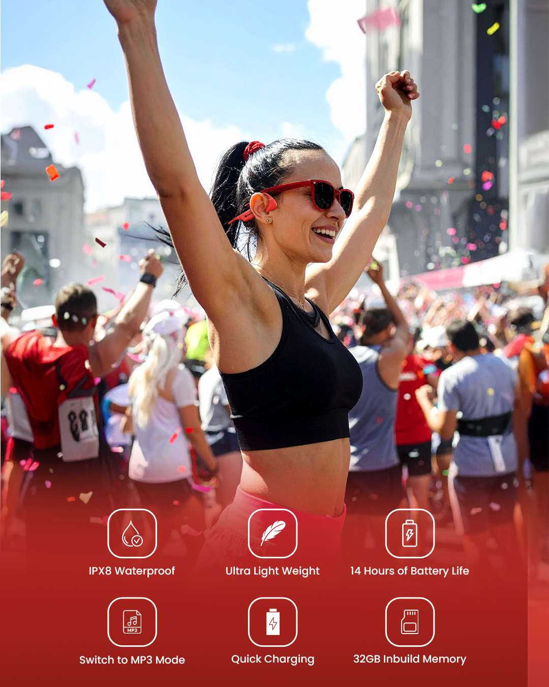 a marathon runner enjoying music through drip-fly oz5 bone conduction headphones