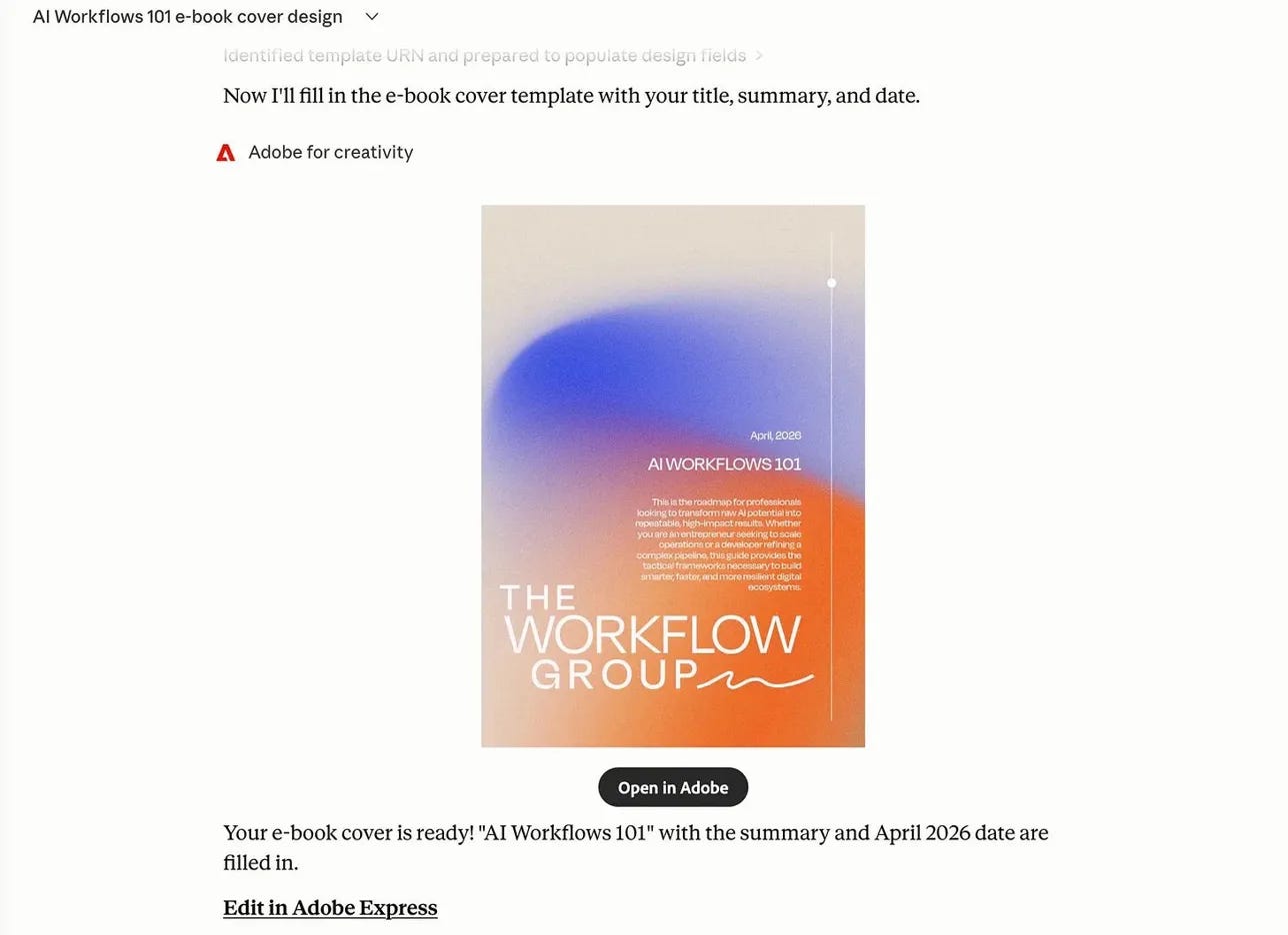 Completed e-book cover titled “AI Workflows 101” generated from the template, with updated title, summary, and date while preserving the original layout, typography, and visual style.