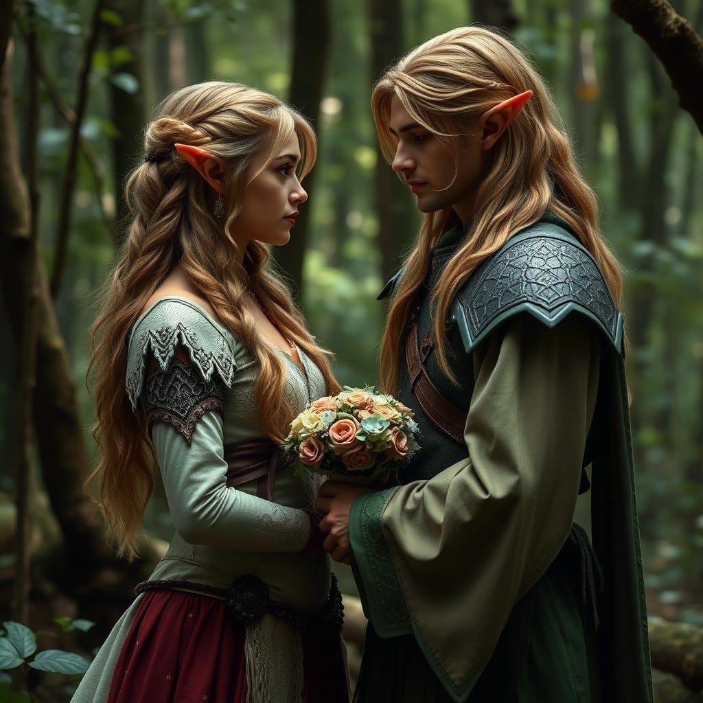 Aredhel and Eol, a female elf and a male elf getting married in the forest Aredhel and Eol, a female elf and a male elf getting married in the forest