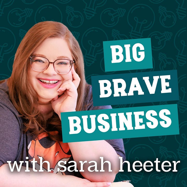 four podcast cover images for big brave business with sarah heeter, behind the bite with cristina castagnini, nutrition and life with lisa franz, and money isn't scary with meghan dwyer