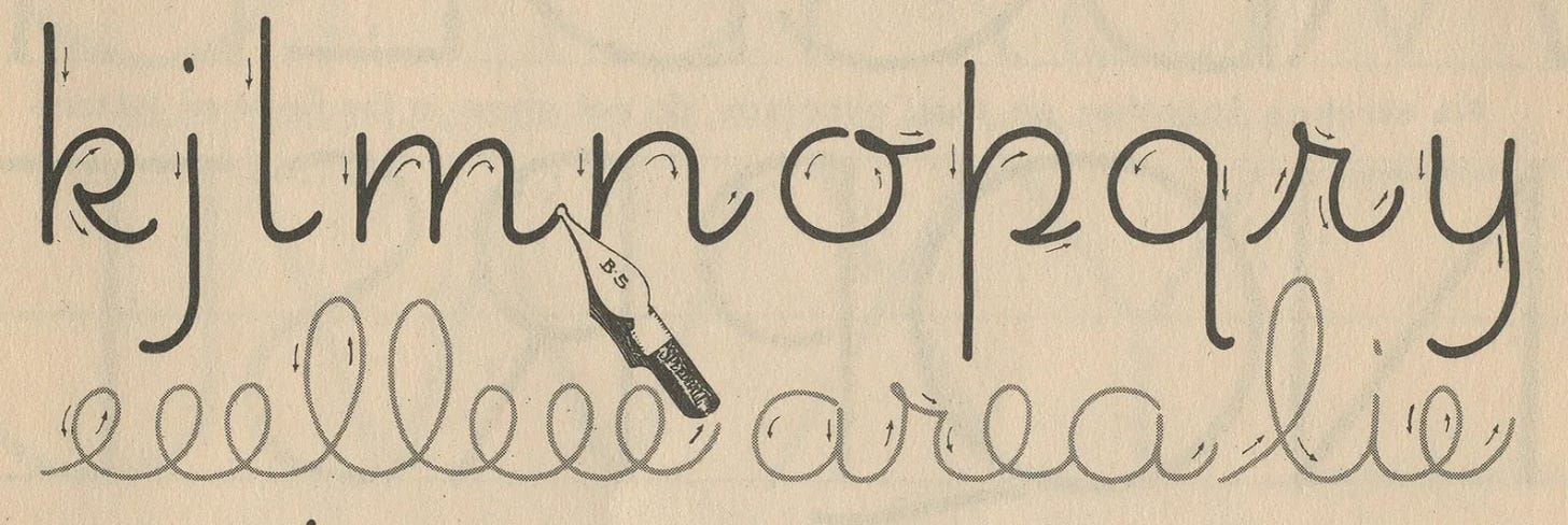 Vintage lettering instruction image showing monoline letters “kilmnopqruy” and “eeeeee” with stroke-direction arrows, plus a small illustration of a Speedball B-5 pen nib on cream paper.