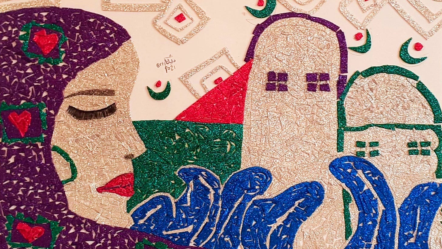 An artist's tribute to painter Duniyana Al-Amoor, killed in her room in Gaza at age 22.