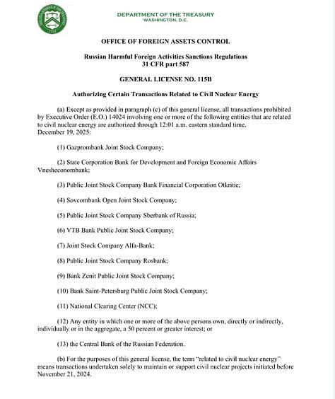 Newly issued General License No. 115B by the U.S. Treasury's Office of Foreign Assets Control authorises transactions with key Russian banks, previously sanctioned under the guise of civil nuclear cooperation, prompting fears of indirect financial relief for the Kremlin amid its ongoing war in Ukraine.