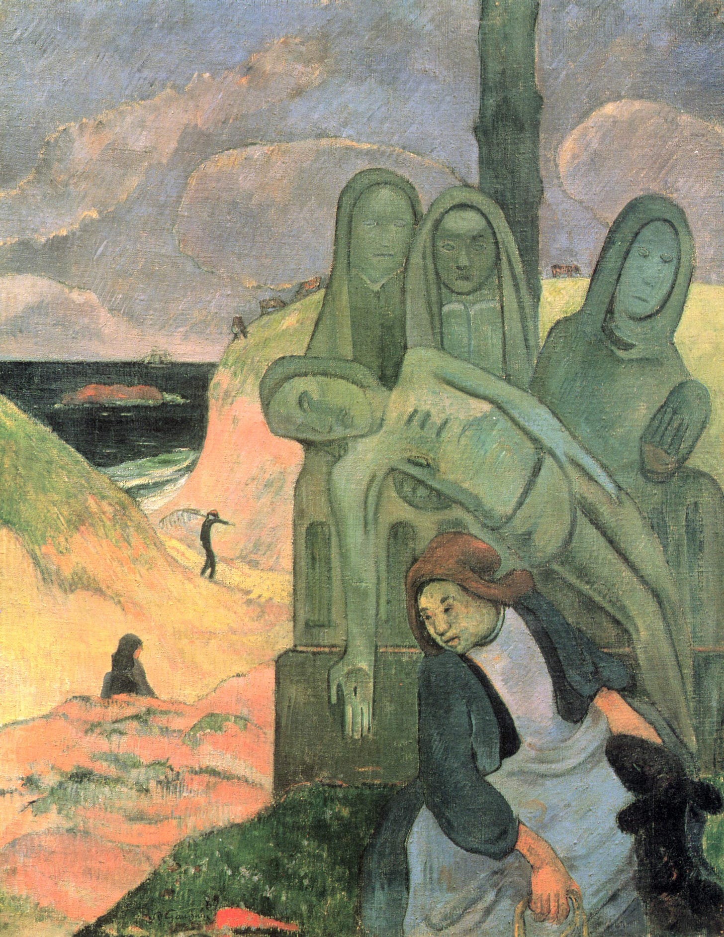 Le Christ Vert (The Green Christ) by Paul Gauguin, 1889. A painting depicting a green-toned crucifixion scene set against a Brittany landscape, blending religious imagery with natural elements.