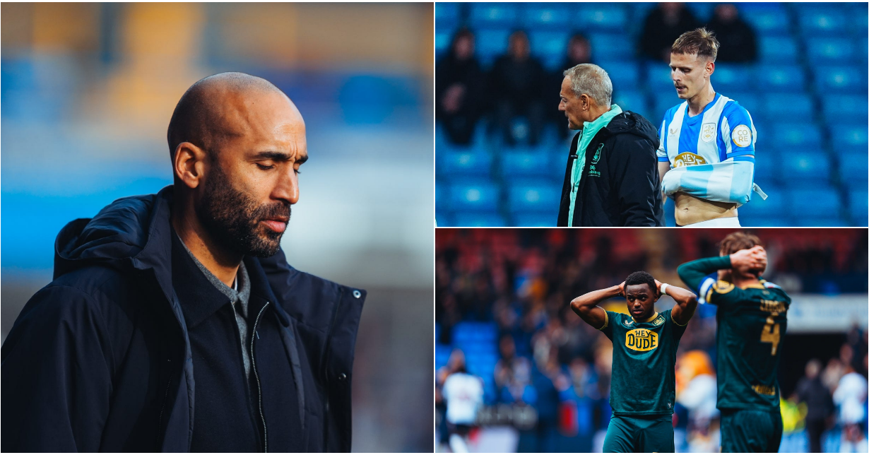 A three-image composite. Left: Lee Grant looks down dejectedly in a dark coat. Top right: Bojan Radulovic leaves the pitch. Bottom right: two Huddersfield Town players in green stand with their hands on their heads in disappointment.​​​​​​​​​​​​​​​​