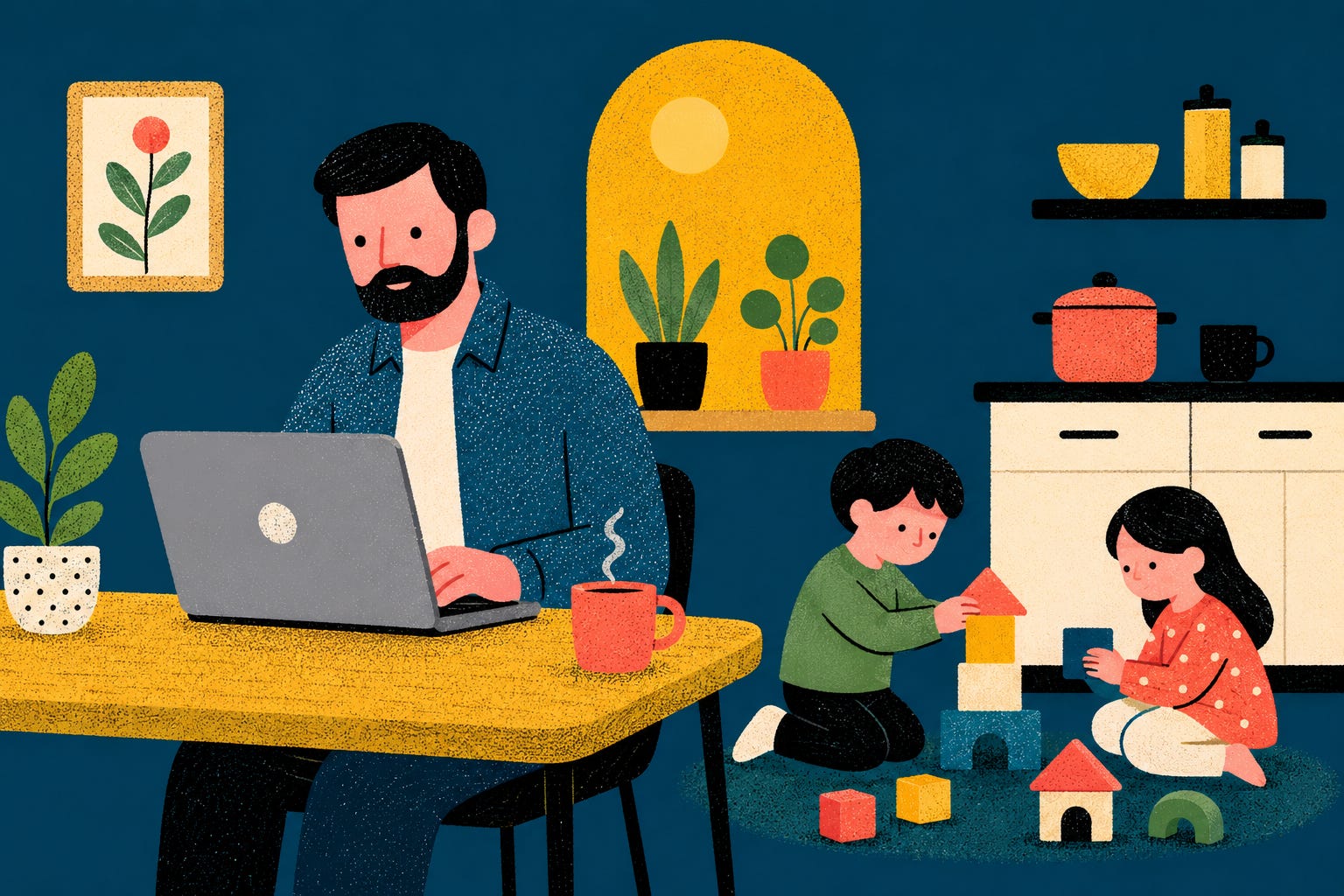 Dad focusing on deep work at home with kids playing nearby Dad focusing on deep work at home with kids playing nearby