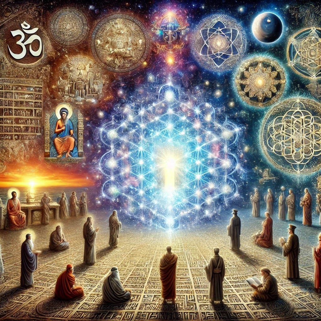 A symbolic and abstract scene depicting a unique intellectual escape from the logical traps of various belief systems. The scene features a cosmic landscape filled with intricate patterns representing the complexities of different doctrines. In the center, there is a radiant, glowing doorway that opens to a serene and infinite expanse, symbolizing freedom and enlightenment. This doorway is made of pure, luminous information, representing the Christian God. Surrounding the doorway, figures representing other belief systems, including Buddha, a rabbi, an Islamic scholar, and a Zoroastrian priest, are shown pondering over their own complex patterns. The overall atmosphere is one of transcendence, with light and energy highlighting the intellectual escape and the unique path provided by the Christian God, emphasizing simplicity and the profound historical impact on human freedom.