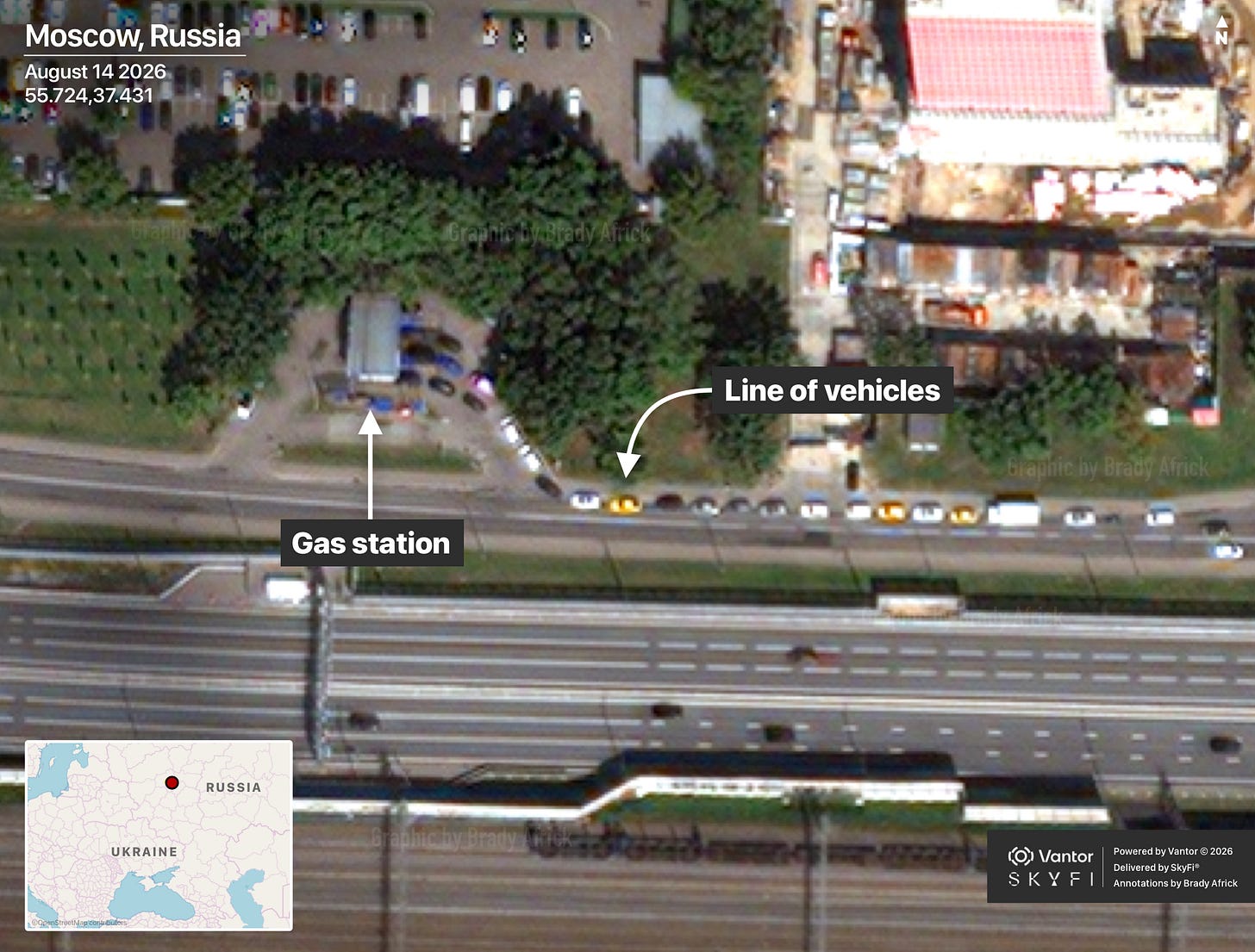 Line for fuel in Moscow, Russia. Image © 2026 Vantor. Delivered by SkyFi®. Annotations by Brady Africk.