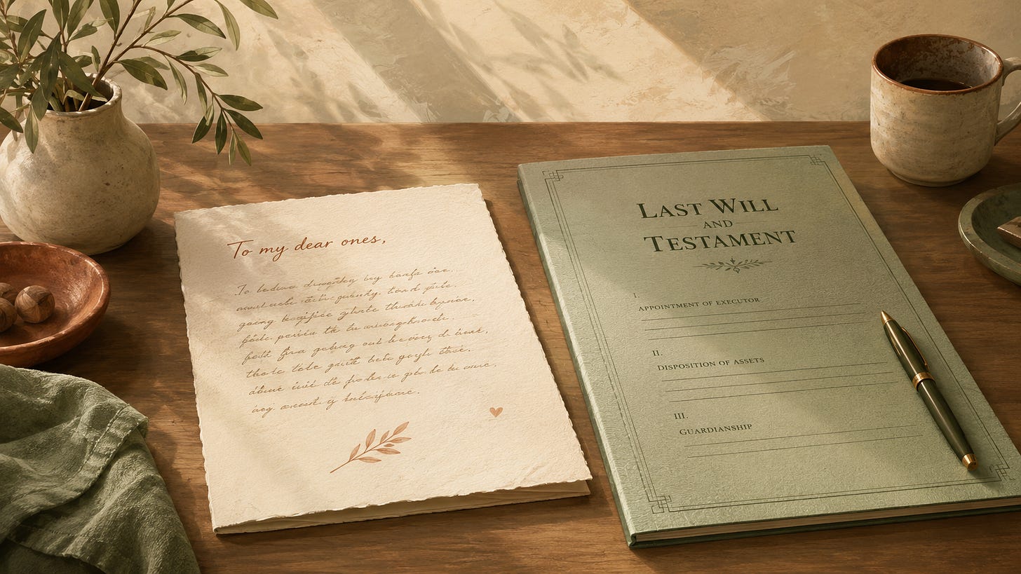 Two documents rest side by side on a sunlit wooden table: a warm handwritten letter beginning “To my dear ones” and a formal sage-green “Last Will and Testament,” suggesting the emotional and legal work of leaving well.